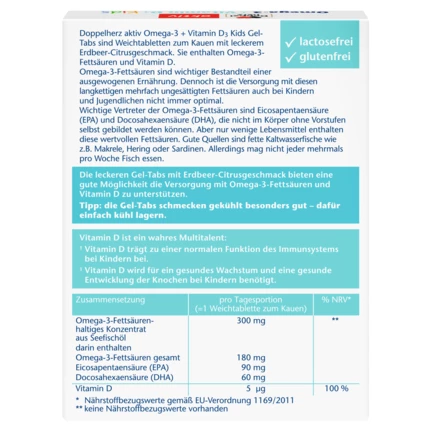 Abbildung der Produktverpackung Doppelherz aktiv Omega-3 + Vitamin D3 Kids Rückansicht